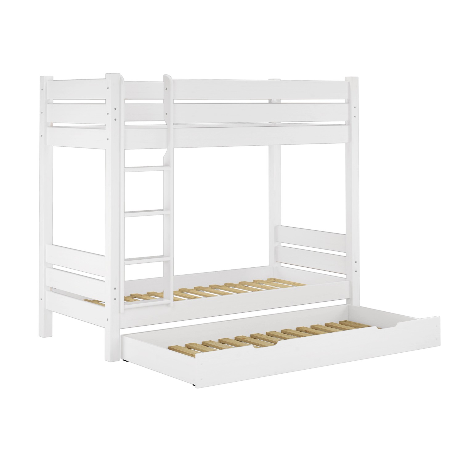 Weißes Etagenbett aus Kiefernholz mit Gästebettkasten und Rollrost.