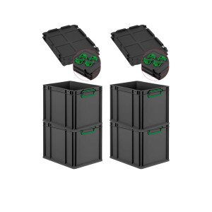PROREGAL SuperSparSet: 4 Euroboxen mit Deckel, 30L, schwarz mit grünen Griffen. Aufbewahrungsboxen stapelbar.
