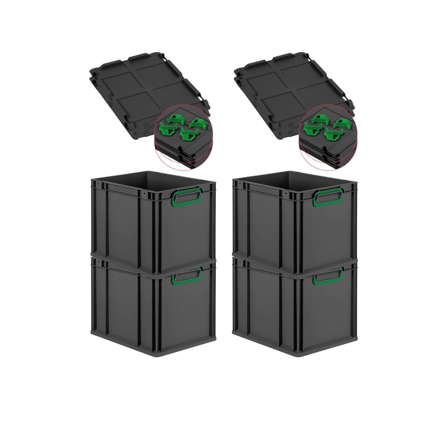 PROREGAL SuperSparSet 4x Eurobox Nextgen Color Mit Auflagedeckel HxBxT 32x30x40cm 30 Liter Schwarz Griffe Grün Geschloss...
