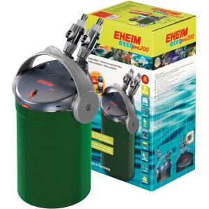 Eheim Ecco Pro 200 Außenfilter für Aquarien, grüne Filteranlage mit Zubehör im Karton.