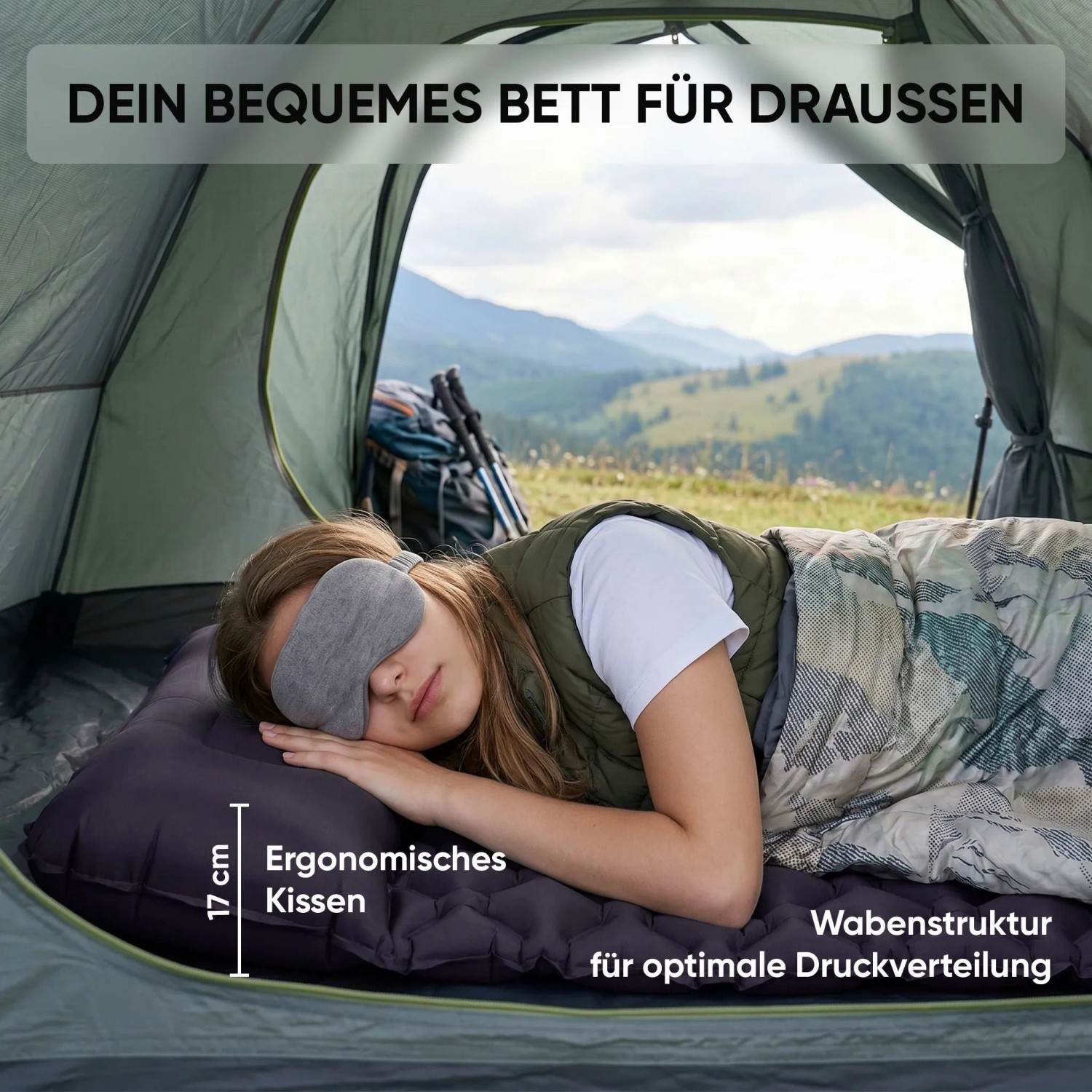 Person schläft auf Evocamp Ultraleicht Isomatte mit integriertem Kissen im Zelt. Ideal für Camping & Outdoor.