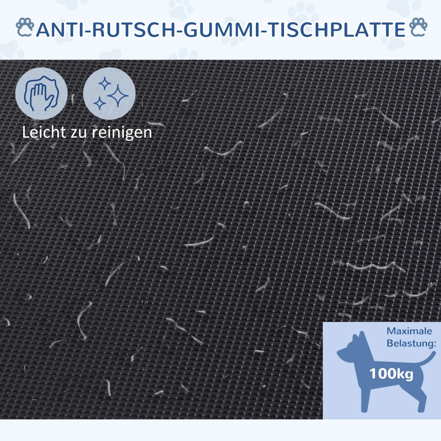 Detailaufnahme Trimmtischplatte mit Hundehaaren, rutschfest und leicht zu reinigen, max. 100kg Belastung.
