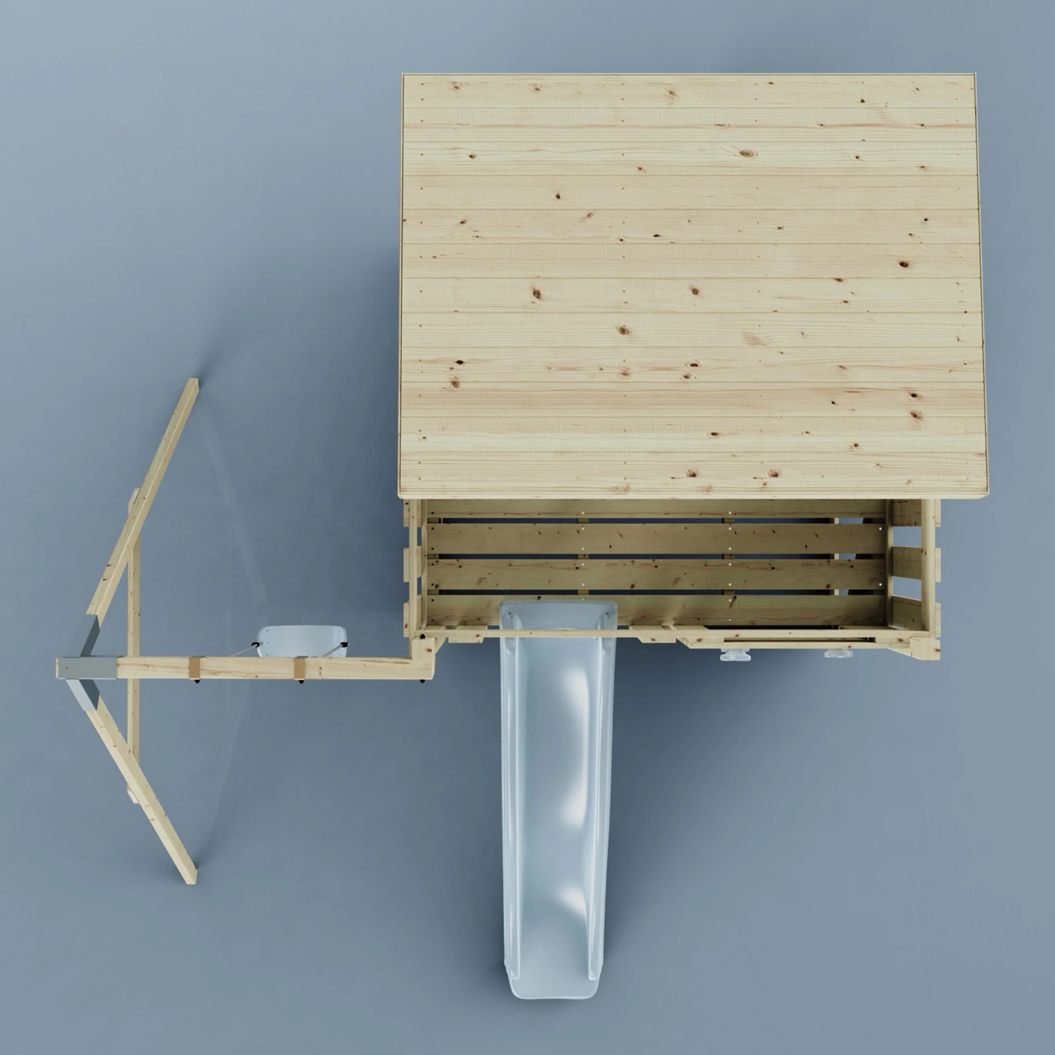 Draufsicht PolarPlay Spielturm Tjorven mit Schaukel und Rutsche.