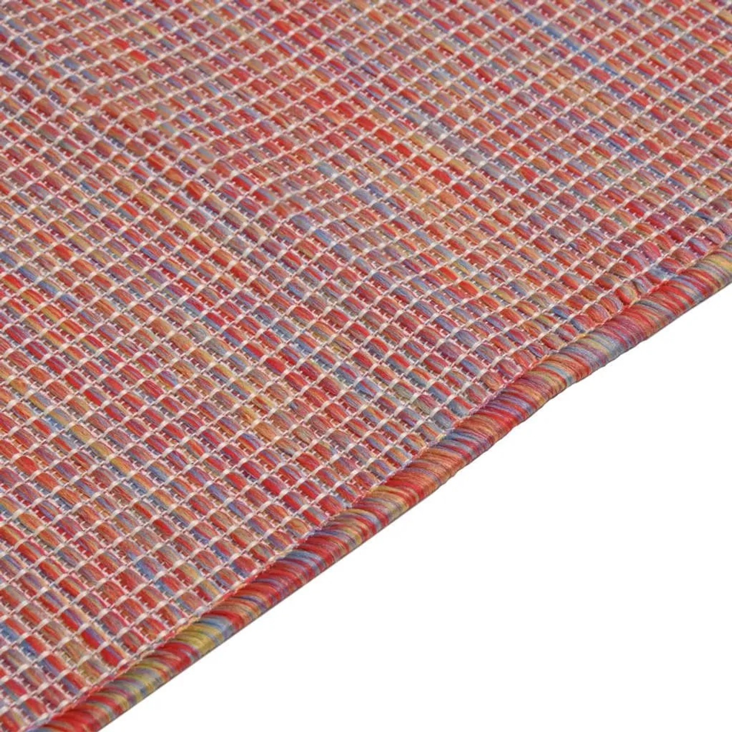 Roter Outdoor-Teppich aus Flachgewebe, 120x170 cm, mit dichter Webstruktur aus Polypropylen und farbiger Kante.