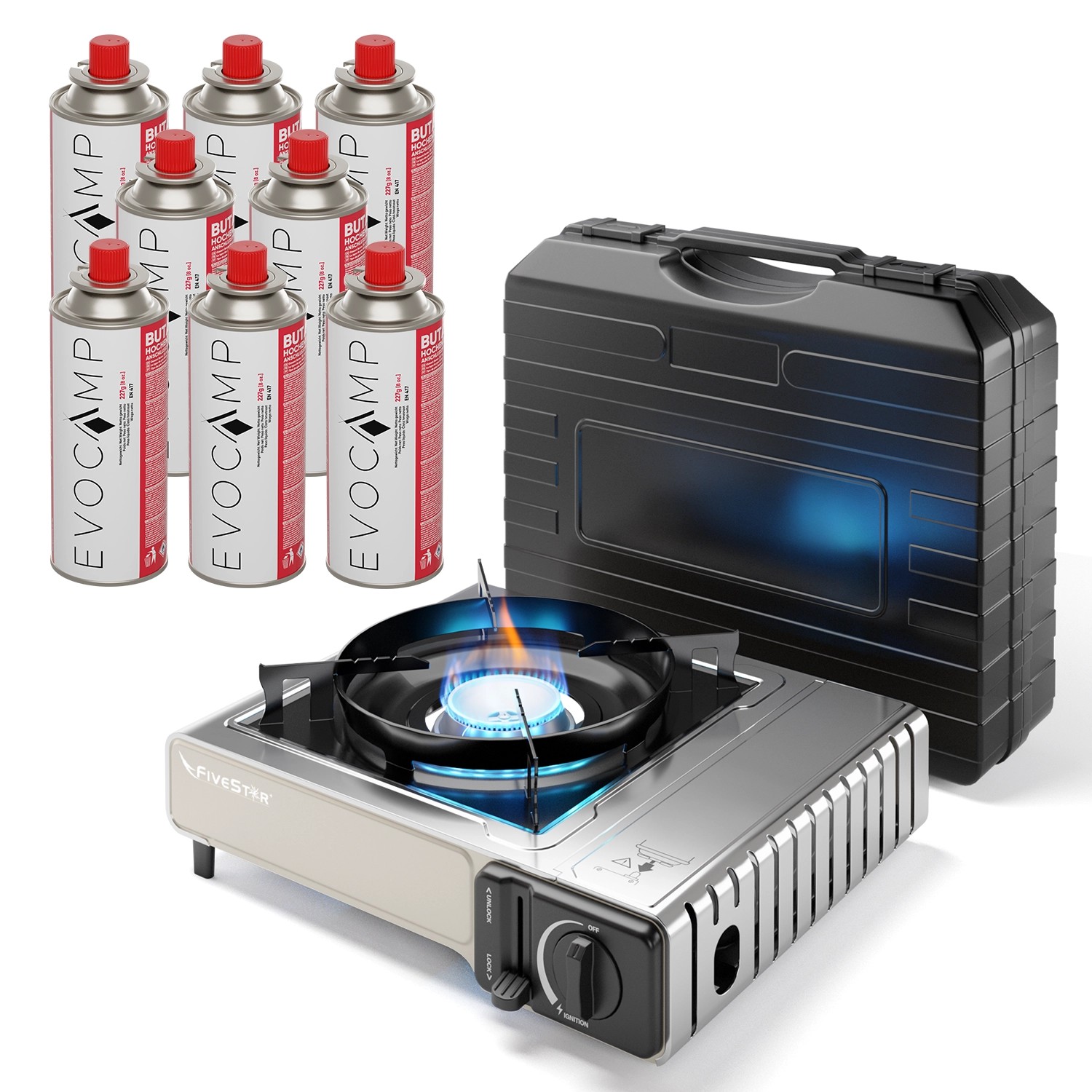 Evocamp Camping Gaskocher 1-Flammig 2,2 kW mit Piezozündung und 8 227g Kartuschen