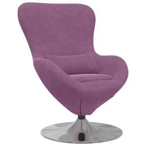 Lila Samt Eiersessel mit hohem Rücken und Kissen. Moderner, drehbarer Loungesessel auf glänzendem Metallfuß.