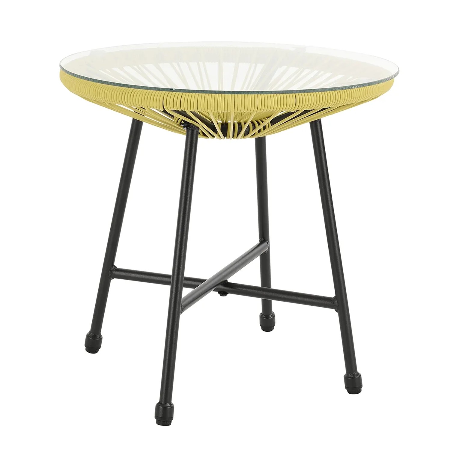 Beistelltisch des Svita Bali Balkon Möbel Sets. Gelbes Polyrattan, Glasplatte, schwarzes Stahlgestell.