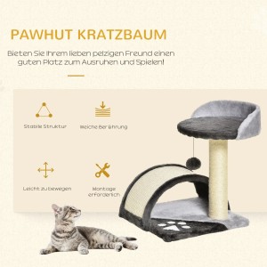 PawHut Kratzbaum mit Sisal, Spielball und Liegefläche in Grau und Beige.