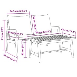 vidaXL Bistro-Set, 2-teilig, Akazienholz mit Kissen, Maße eingezeichnet, ideal für Garten und Terrasse.