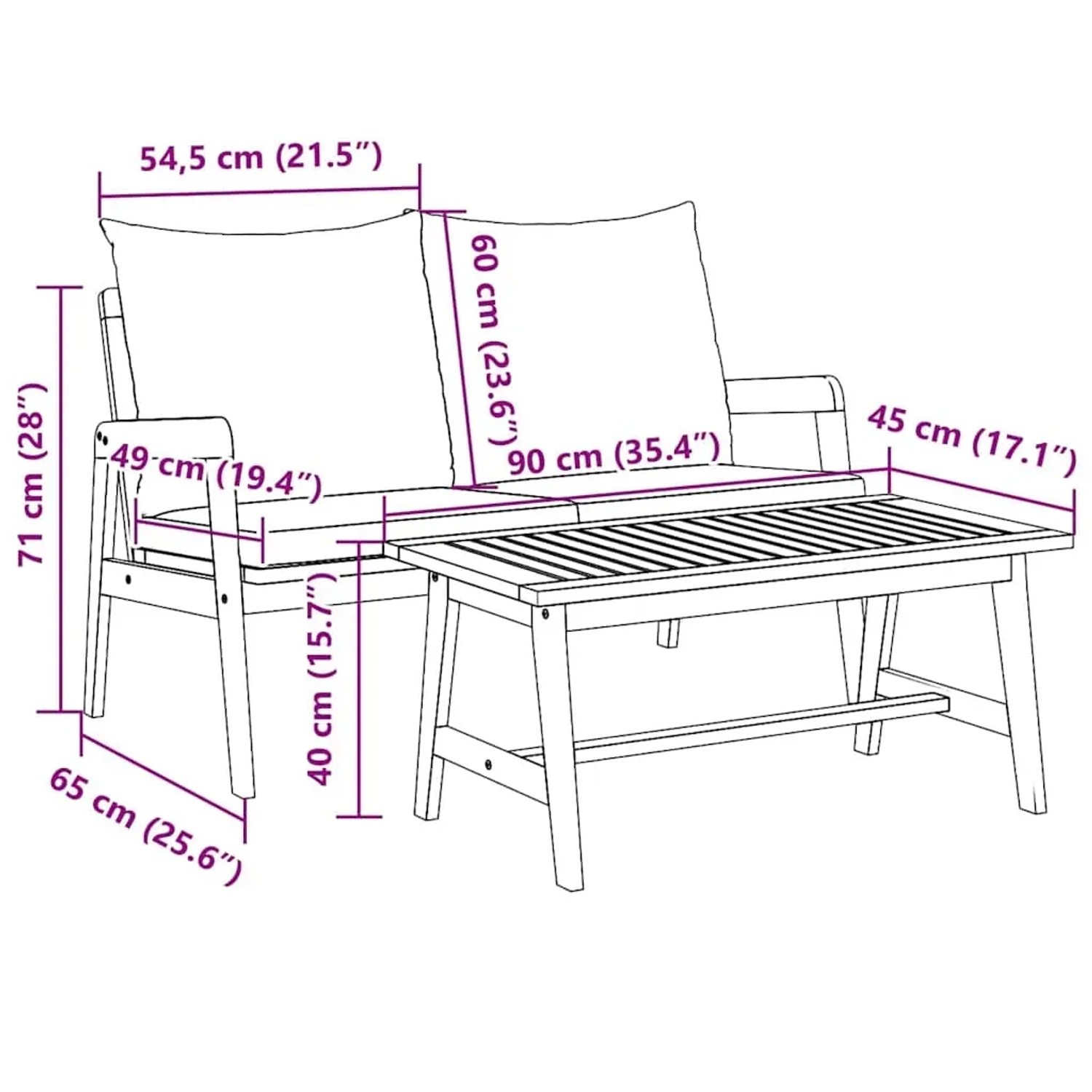 vidaXL Bistro-Set, 2-teilig, Akazienholz mit Kissen, Maße eingezeichnet, ideal für Garten und Terrasse.