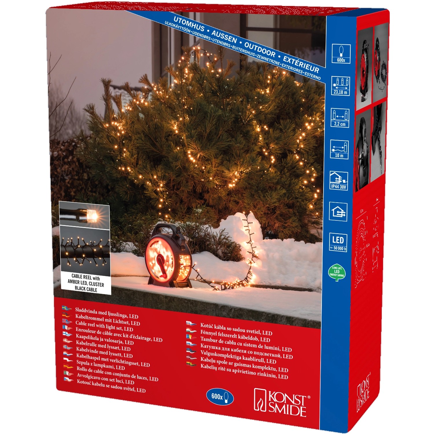 Konstsmide Lichterkette mit 600 bernsteinfarbenen LEDs und Aufrollsystem für Außen & Innen.