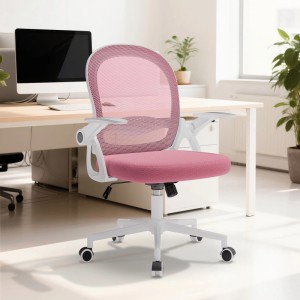 Rosa ergonomischer Bürostuhl mit Netzrücken, klappbaren Armlehnen, höhenverstellbar, auf Rollen.