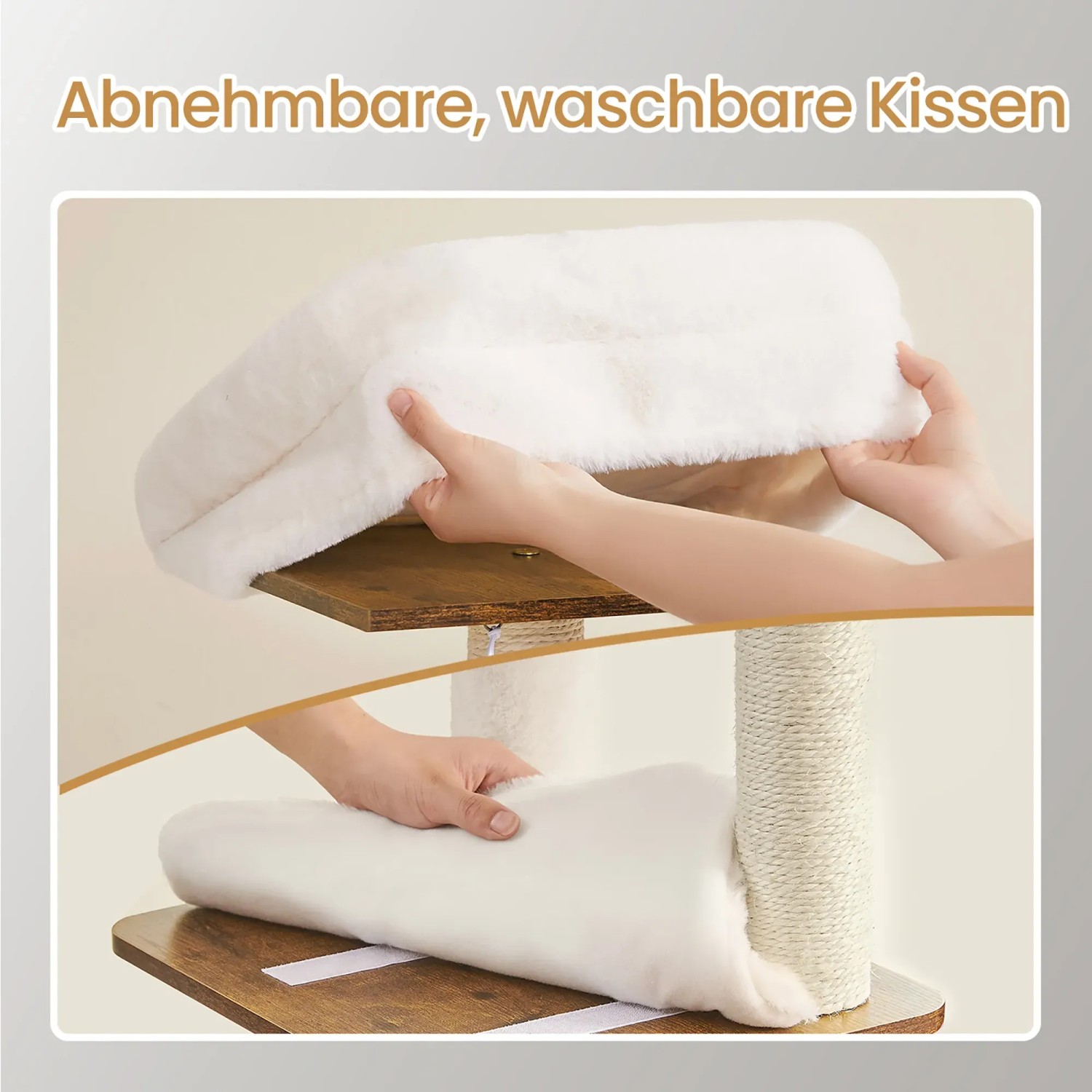 Detailaufnahme: Waschbare Kissen des braunen Feandrea Kratzbaums mit Katzenklo-Schrank (180 cm).