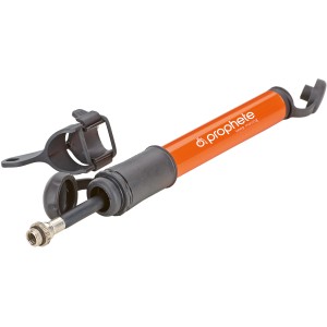 Orange Prophete Mini-Luftpumpe für Fahrräder mit Halterung und Schlauchfach.