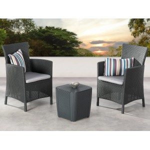 3-teiliges Balkonmöbel-Set Napoli in Graphit/Hellgrau mit 2 Sesseln, Tisch und Sitzkissen.