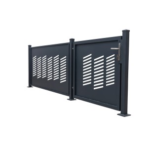 Anthrazitfarbener Dekor-Aluminiumzaun Stockholm, 200x100 cm, mit horizontalem Linienmuster.