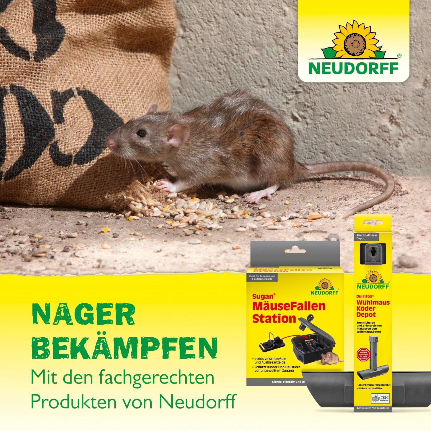 Neudorff Ratten-Köderstation mit Ratte und Köder. Sichere und effektive Rattenbekämpfung.