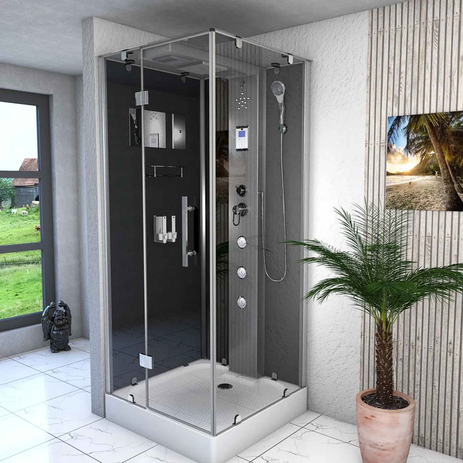 AquaVapore Komplettdusche 90x90 cm mit schwarzer Rückwand, Regendusche und Massagedüsen.