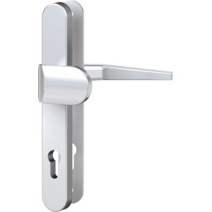 Schmalschild-Garnitur Alu Silber für Kunststofftüren mit Drücker und Knauf.