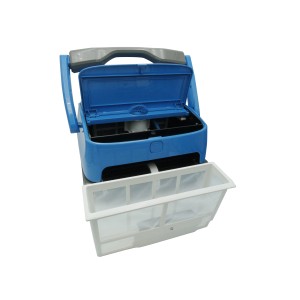 Blauer Poolroboter Orca 300 mit Kabel und Filterkorb für die Poolreinigung.