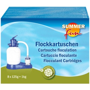 Summer Fun Flockungskissen 8er-Pack, 1 kg. Verpackung mit Filteranlage im Hintergrund.