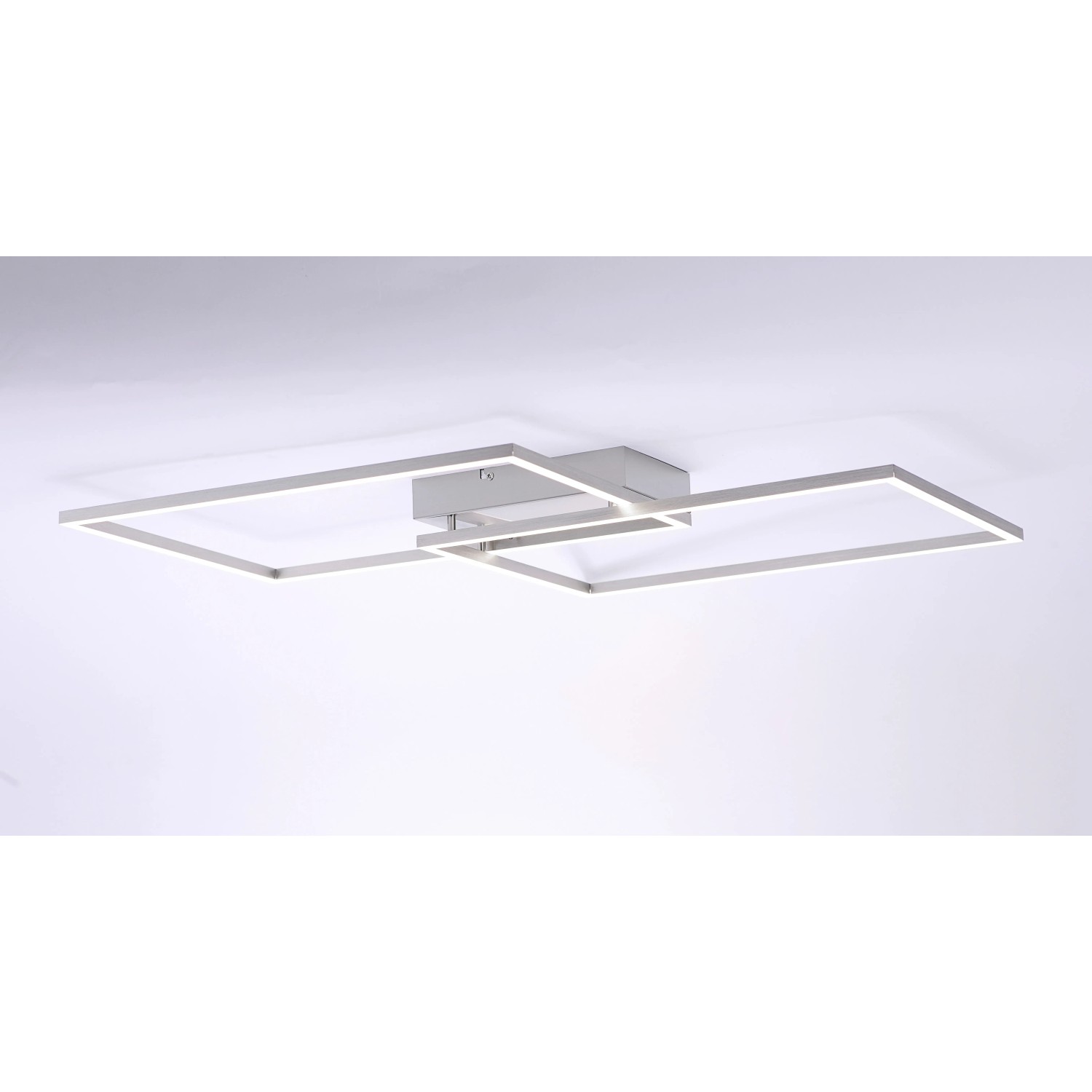 Moderne, stahlfarbene Just Light Deckenleuchte Iven mit rechteckigem Design und Fernbedienung.