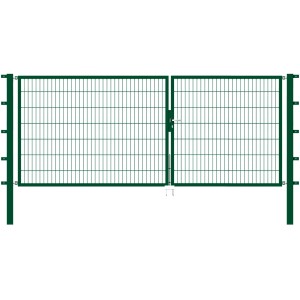 Grünes Metallzaun Doppeltor für Doppelstabmatten zum Einbetonieren, 140x350 cm.