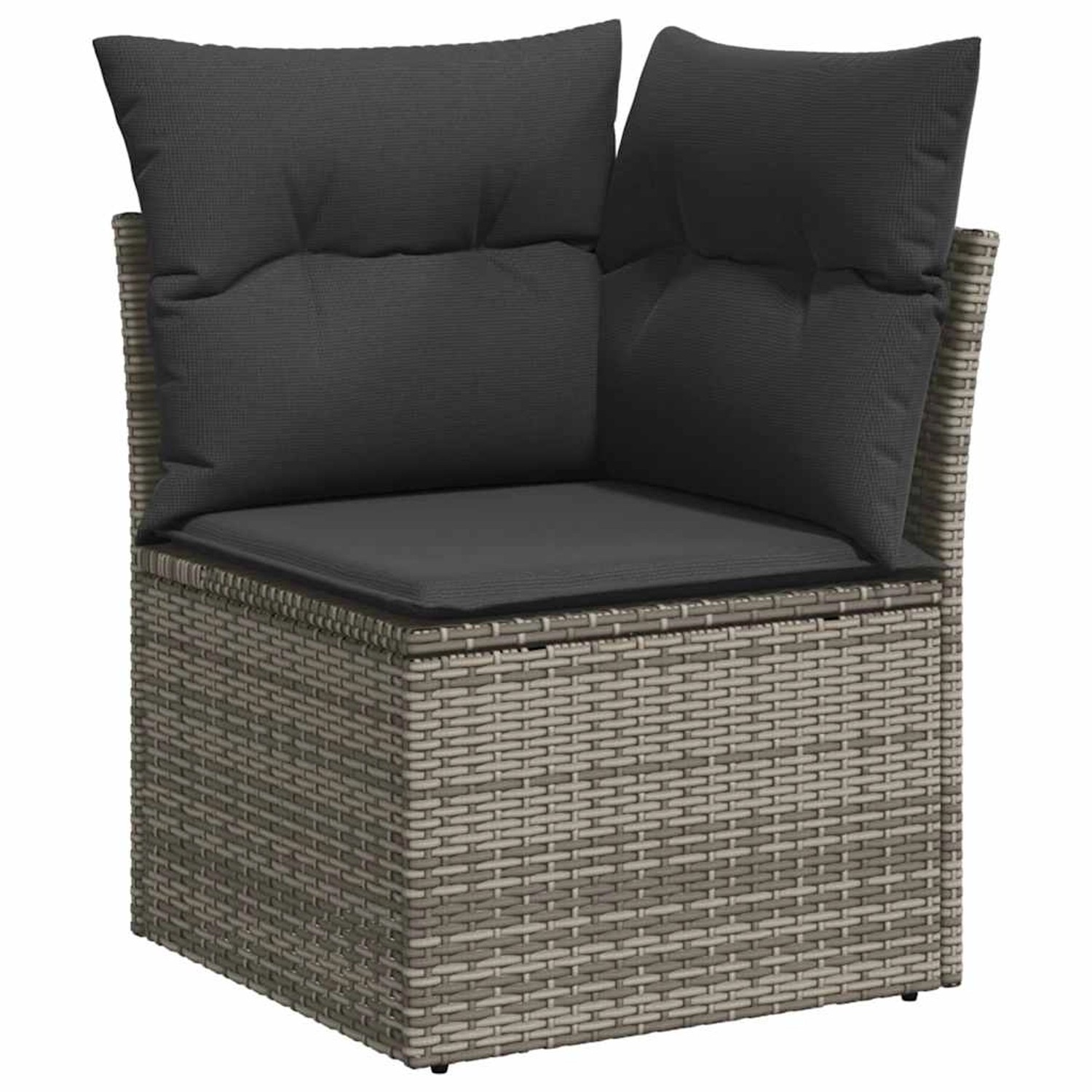 Graues vidaXL Garten-Ecksofa aus Polyrattan mit dunklen Kissen als Teil einer Sofagarnitur.