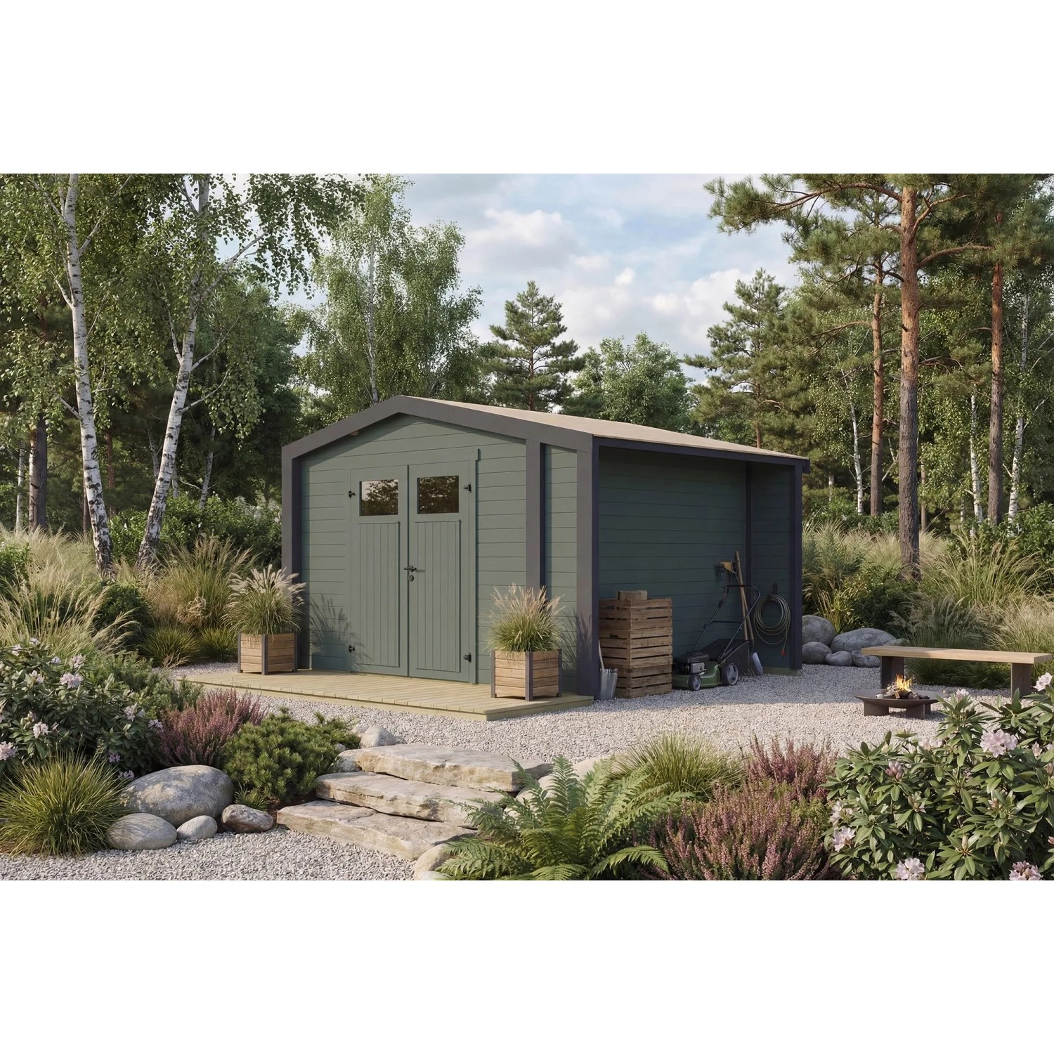 Weka Holz-Gartenhaus Killarney Satteldach Grau-Grün Lasiert 361 cm x 313 cm
