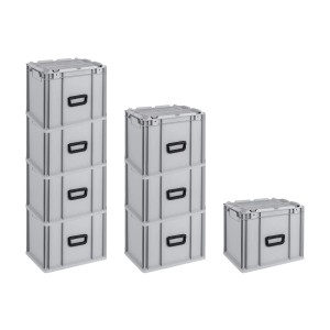 Graue Euroboxen NextGen Portable im 8er-Set, gestapelt. Ideal als Transport- und Stapelbehälter.