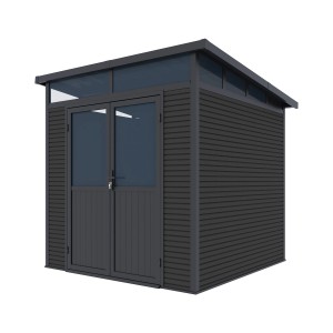 Modernes, anthrazitfarbenes Weide Gartenhaus mit Doppeltür und Aluminiumrahmen. Wetterfestes Gerätehaus.