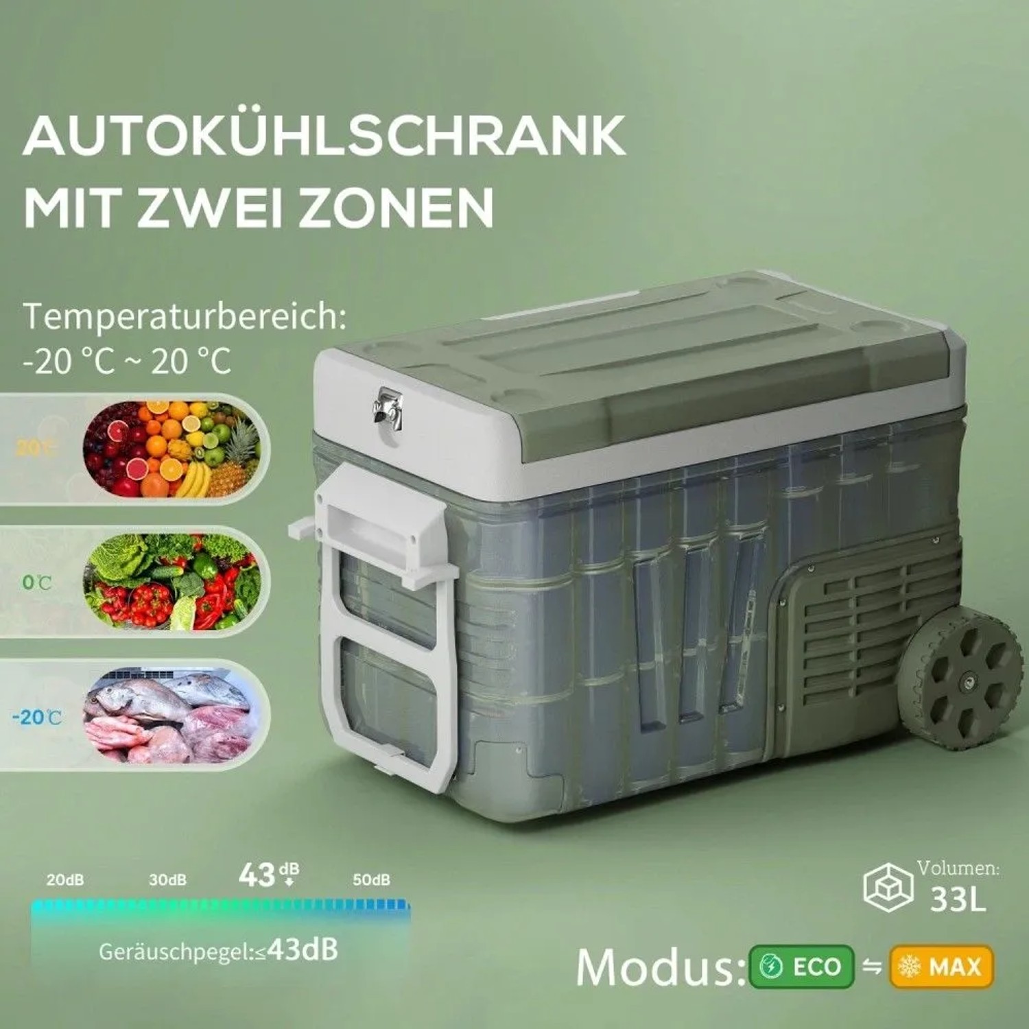 Grüne Outsunny Kühlbox mit Rädern, Griff, 33L Volumen. Dual-Zone Autokühlschrank für -20°C bis 20°C.