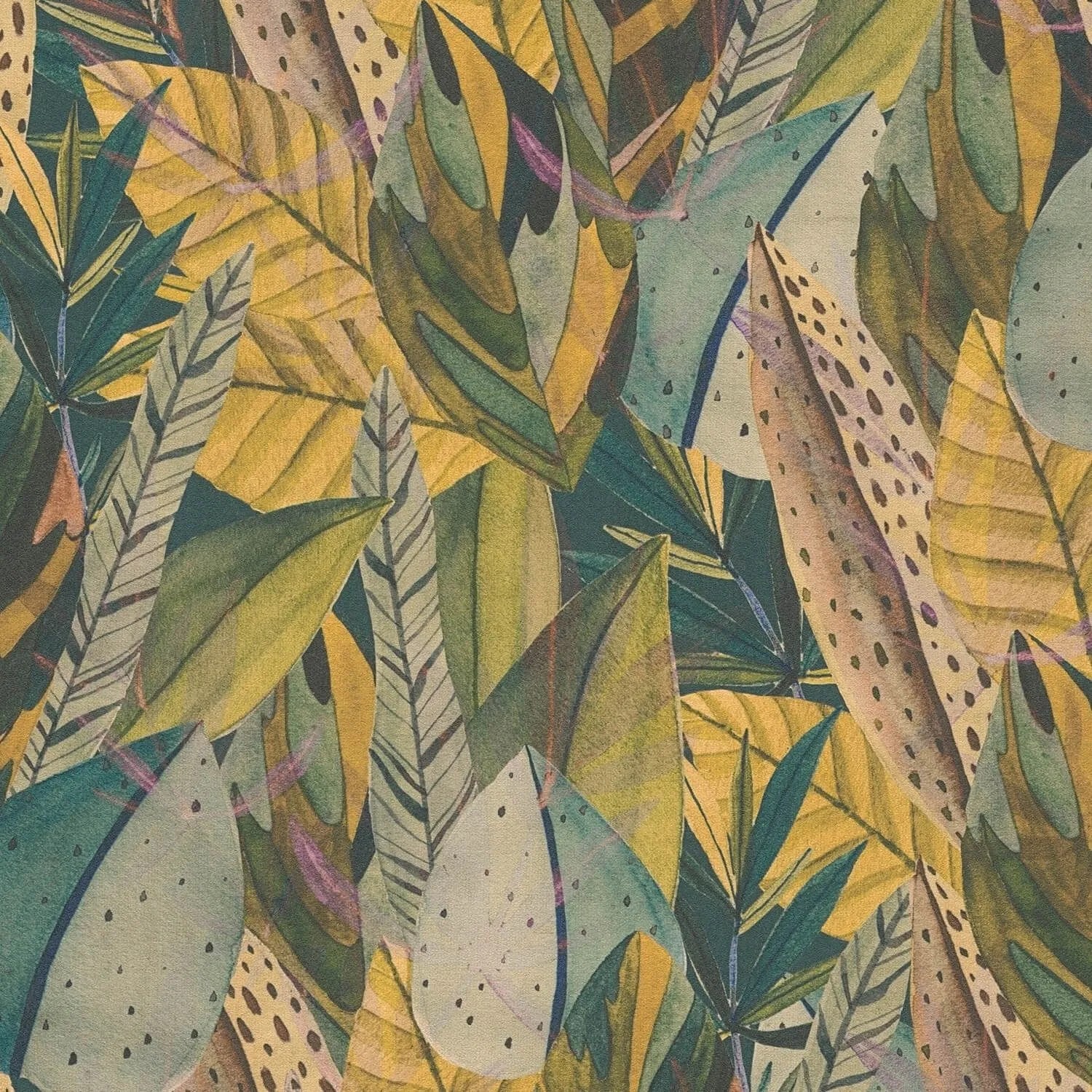 PROFHOME 782201-GU Natur Tapete Floral Matt Grün Gelb Lila Türkis-Blau 0,53 m x 10,05 m 5,33 m2