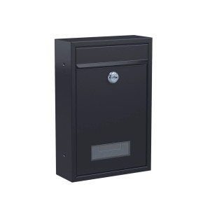 Schwarzer Basi Briefkasten BK 100M mit Zylinderschloss und Sichtfenster.