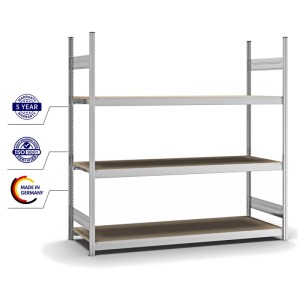 Verzinktes PROREGAL Weitspannregal mit 3 Spanplatten-Ebenen, Fachlast 350 kg, Stecksystem.