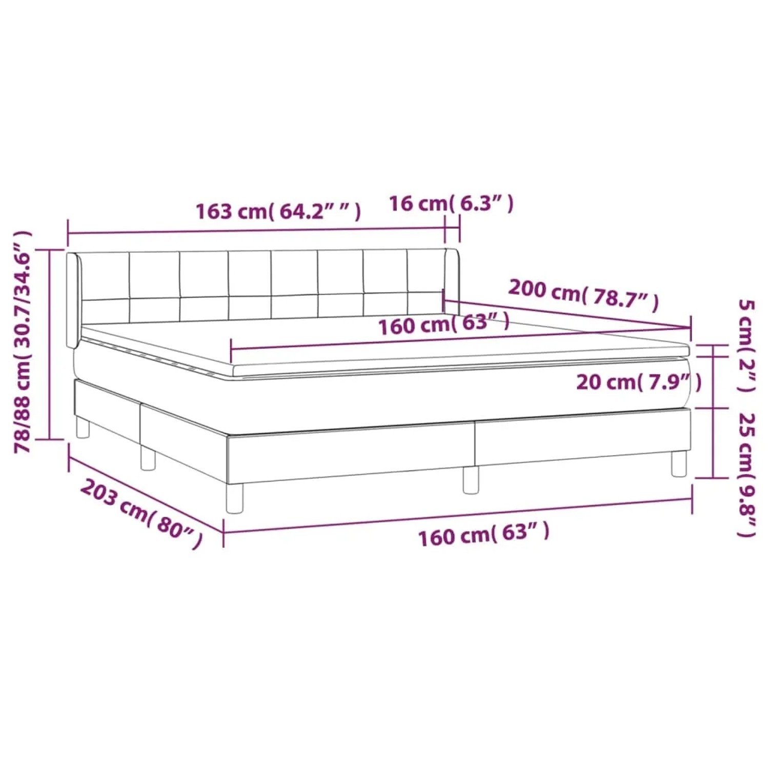vidaXL Boxspringbett rosa (160x200 cm) mit Matratze, Samtbezug, Maßeinteilung.