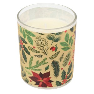 Duftglas Champagner mit Vanilleduft, verziert mit festlichem Wintermotiv aus Stechpalme, Kiefer und Weihnachtsstern.