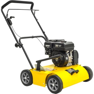 Texas Benzin-Vertikutierer Pro Cut 460TG: Gelber Vertikutierer mit schwarzem Motor und Rädern.