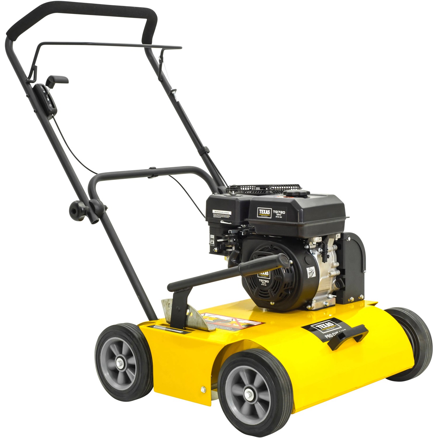 Texas Benzin-Vertikutierer Pro Cut 460TG: Gelber Vertikutierer mit schwarzem Motor und Rädern.