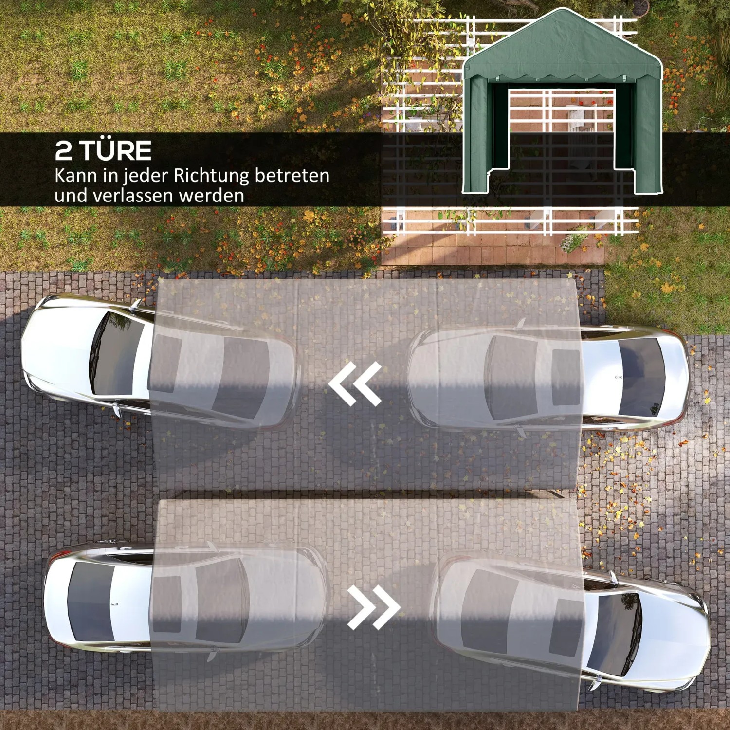 Outsunny Carport Stahl Zeltgarage mit Rolltüren, Draufsicht mit zwei Autos, die ein- und ausfahren.