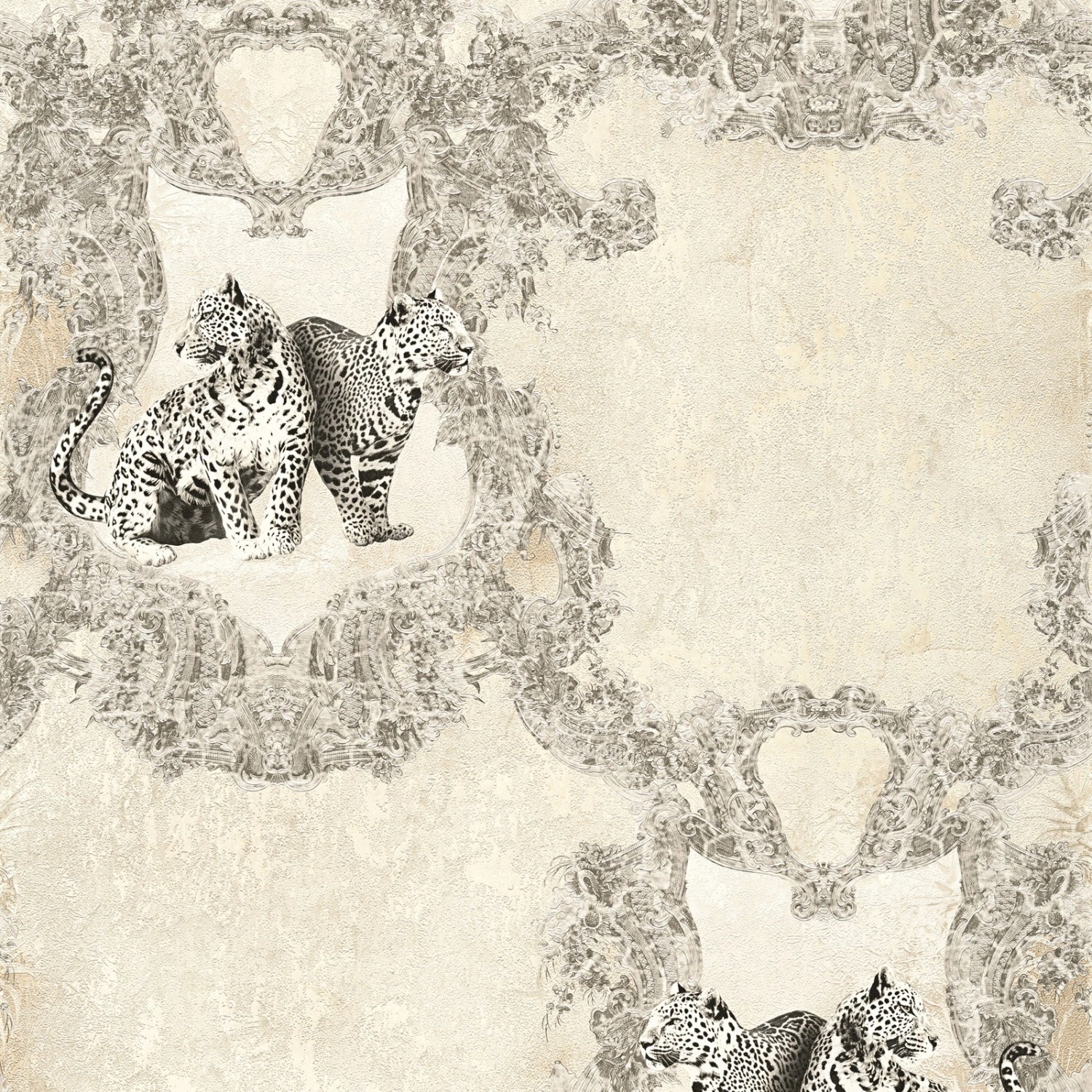 Bricoflor Neobarock Tapete ausgefallen Rokoko Vliestapete Leopard in Creme Grau Besondere Vlies Wandtapete mit Ornament Leo Muster für Schlafzimmer