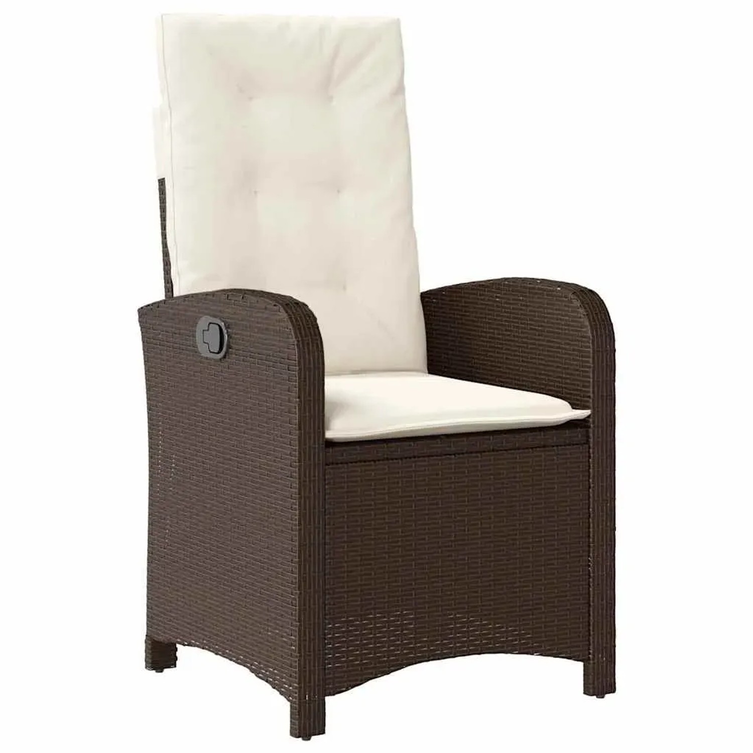 Brauner vidaXL Gartenstuhl aus Polyrattan mit verstellbarer Rückenlehne und cremefarbenen Kissen.