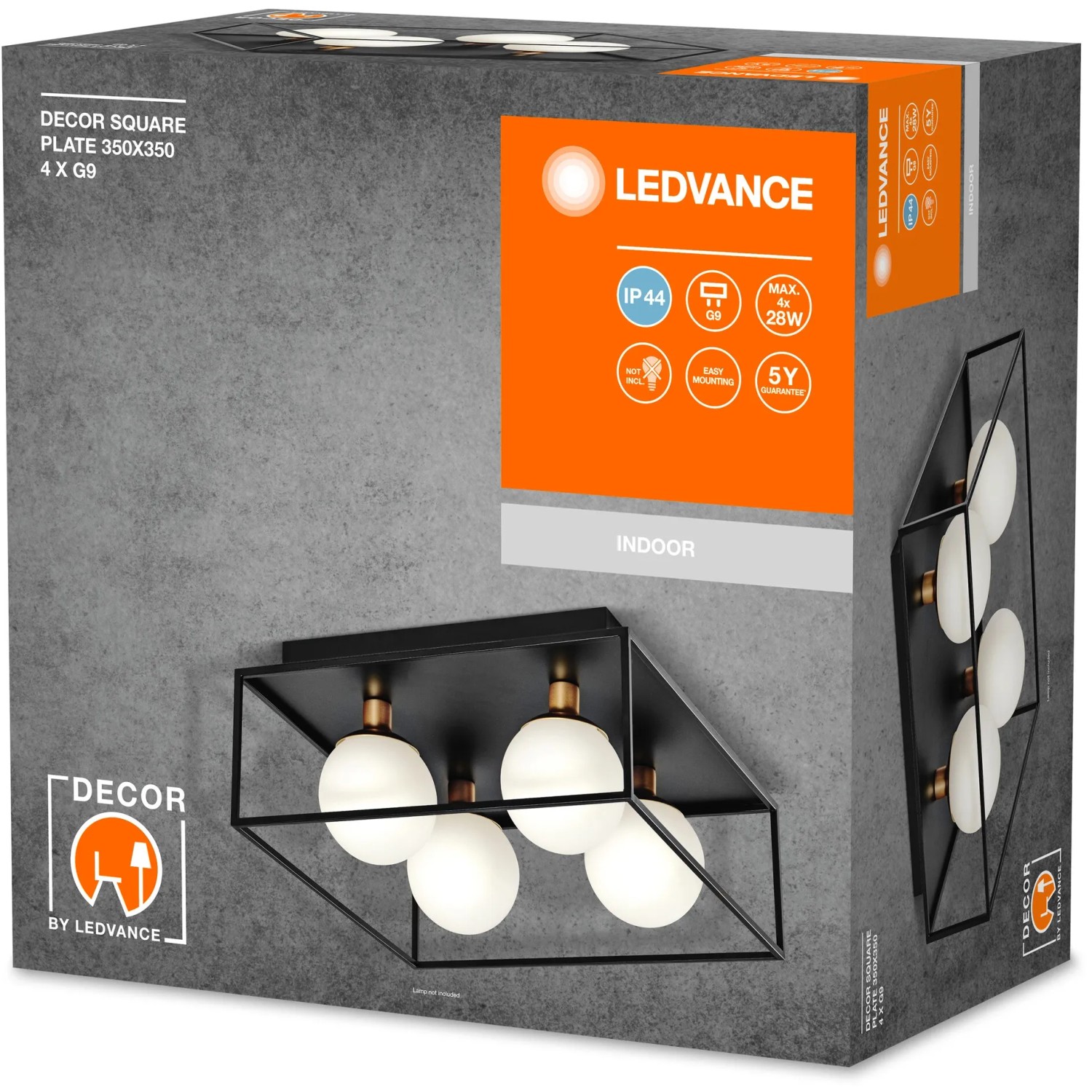Ledvance Bad-Deckenleuchte Decor Square, 4-flammig, schwarz, 35x35 cm, mit vier runden Lampen.