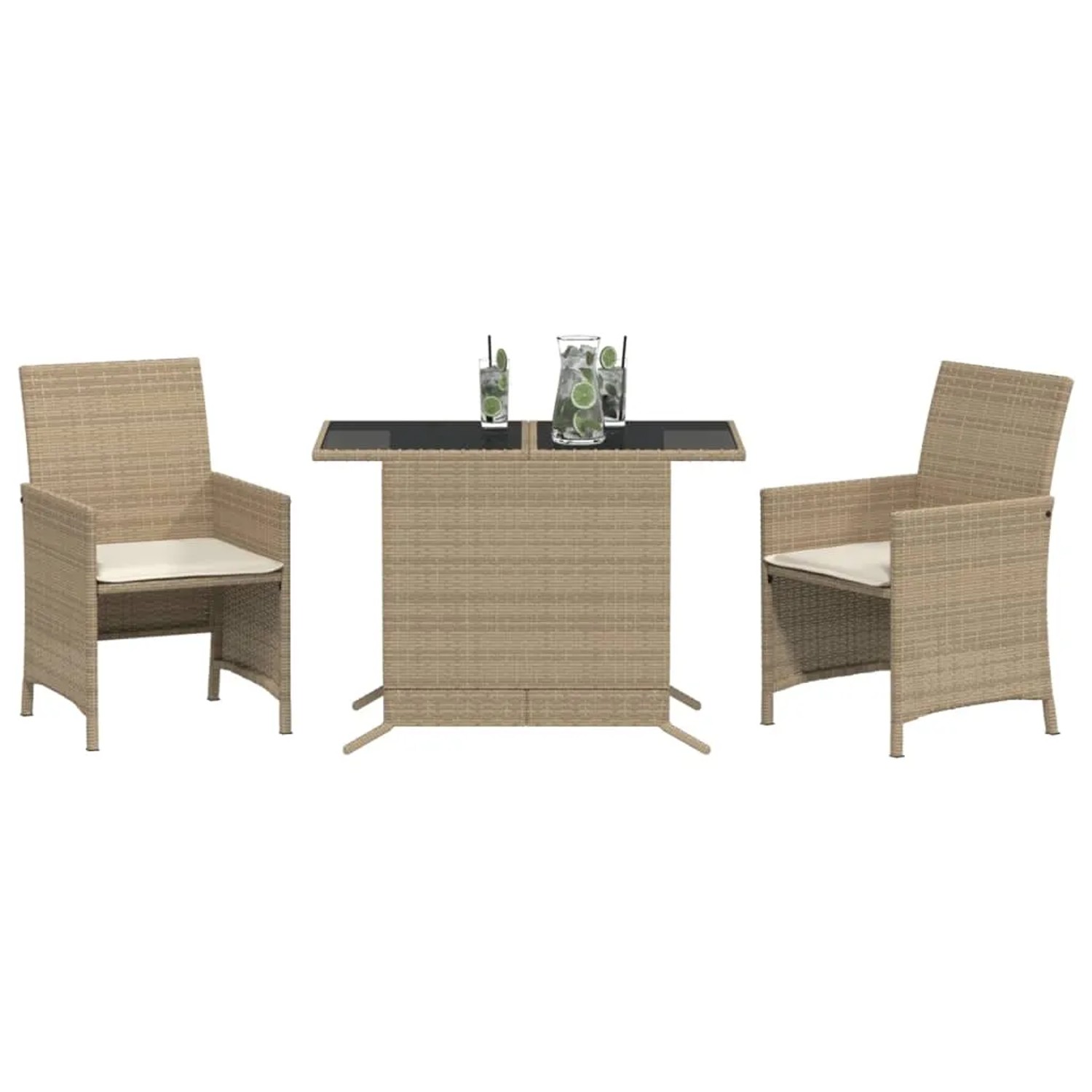 Beiges 3-tlg. vidaXL Bistro-Set aus Polyrattan mit Tisch, 2 Stühlen und Kissen für Garten oder Balkon.