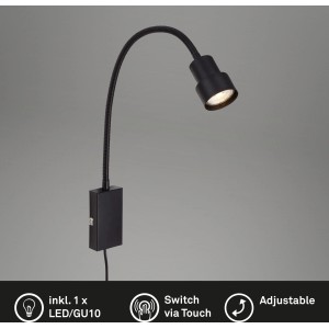 Schwarze Briloner LED-Bettleuchte Tusi mit Flexarm und Touchfunktion.