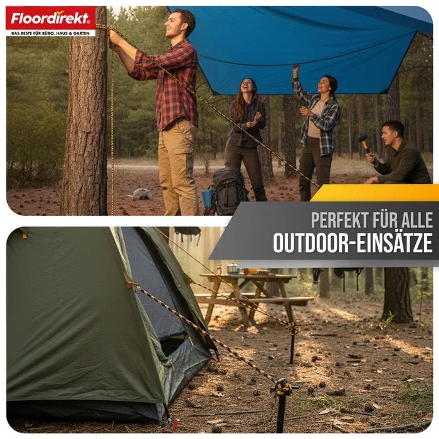 Floordirekt Polypropylen Seil, schwarz-orange, im Outdoor-Einsatz mit Zelt und Plane.
