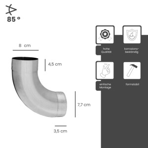 Zambelli Fallrohrbogen 85 Grad DN 80, silber verzinkt. Robustes Stahl-Regenrohr-Element für Dachentwässerung, korrosionsbeständig.