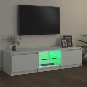 Weißer TV-Schrank mit LED-Beleuchtung, 140x40x36 cm, im Wohnzimmer.