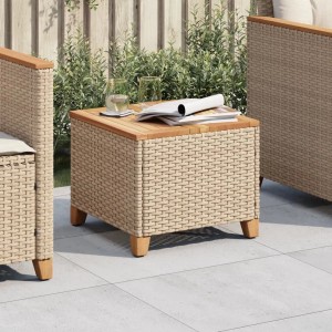 Beiger vidaXL Gartentisch aus Rattan und Akazienholz, 45x45x37 cm.