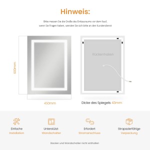Emke Badspiegel mit LED Beleuchtung, 45x60cm, mit Maßangaben und Rückansicht.